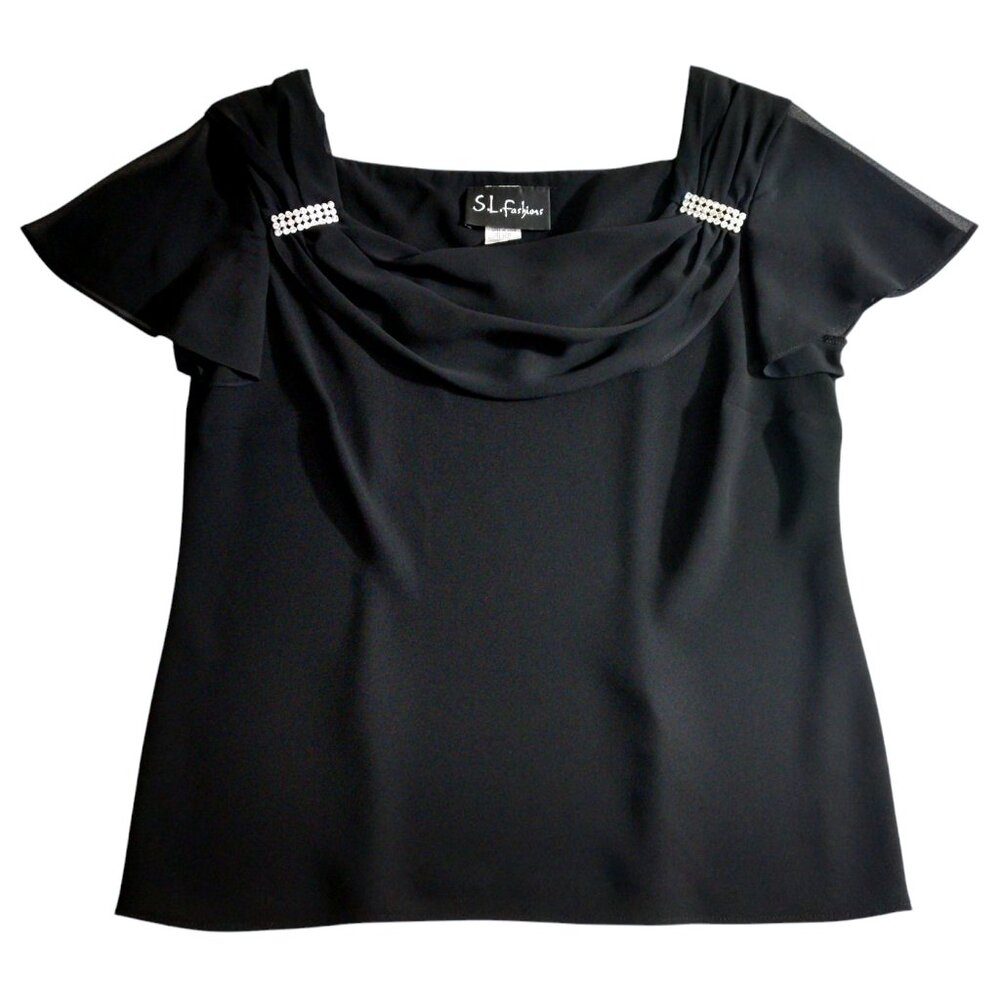 S.L. Fashions Women's Cowl Neck Embellished Black Flutter Blouse Shirt Size 12
